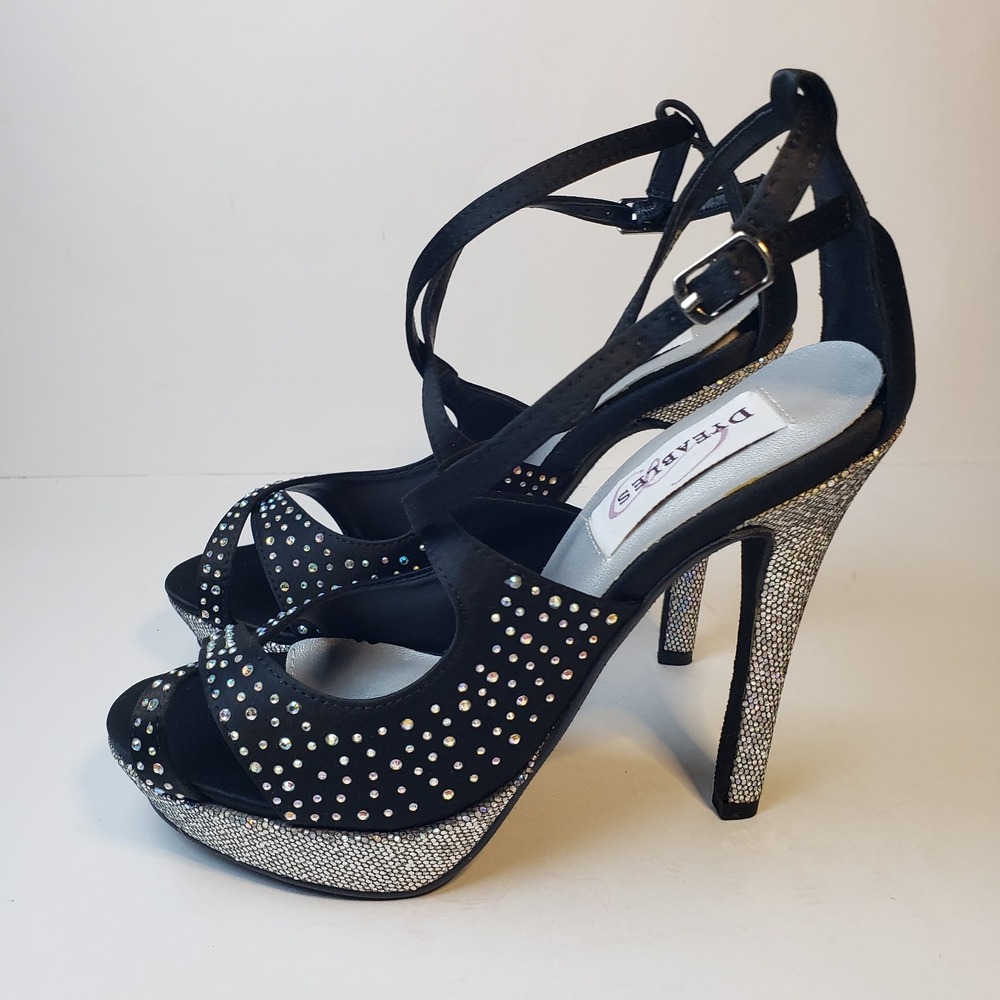 Dyeables Sonya Size 5.5 Women's Strappy Stiletto Platform Sandals Black Satin